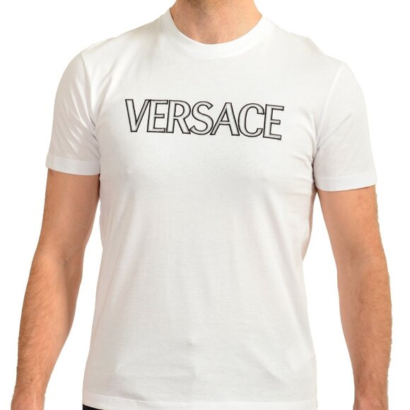 Versace Men's White Short Sleeve Black Logo Embroidery T-Shirt US 3XL IT 58